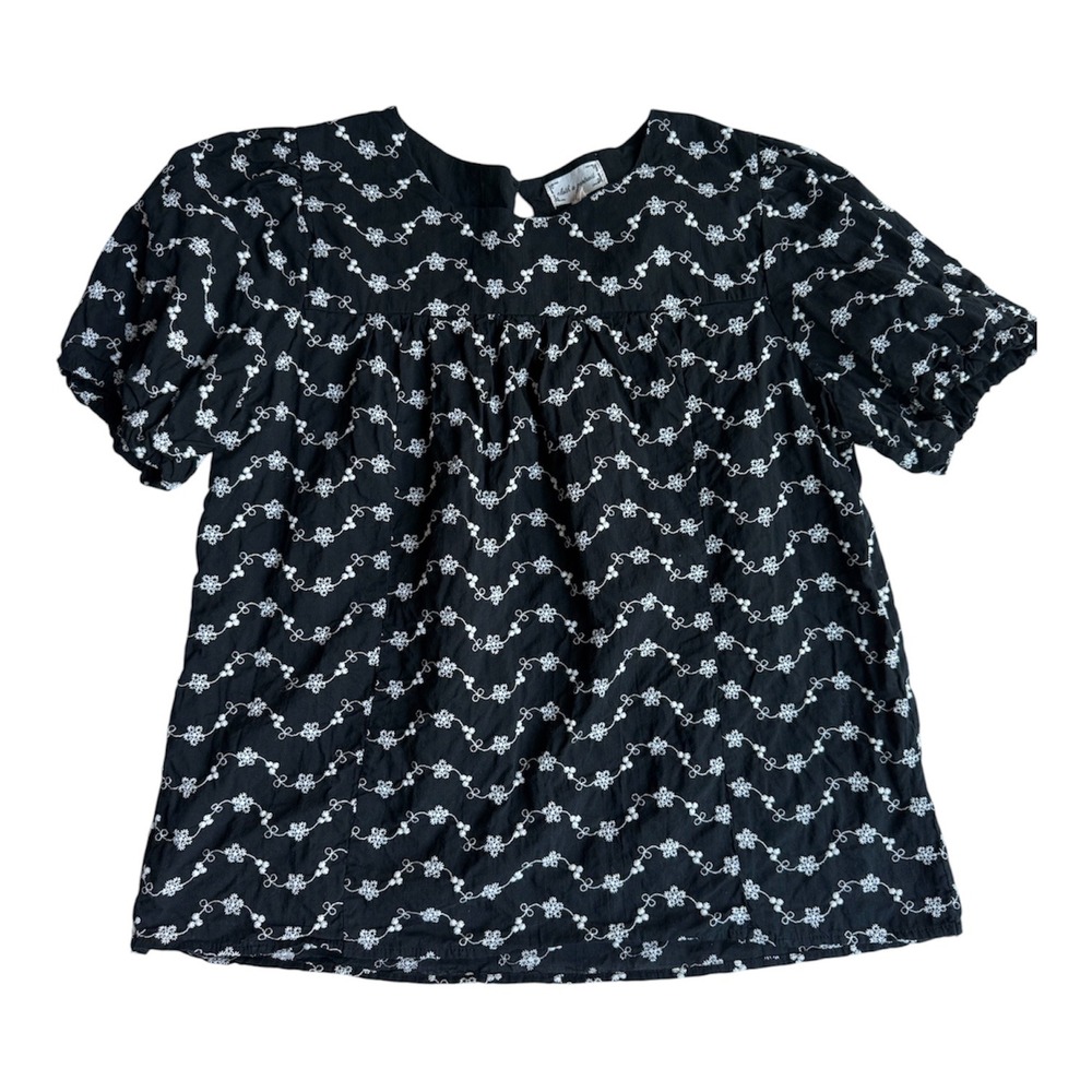 Cloth & Portrait Black White Floral Eyelet Puff Sleeve Blouse Top Large